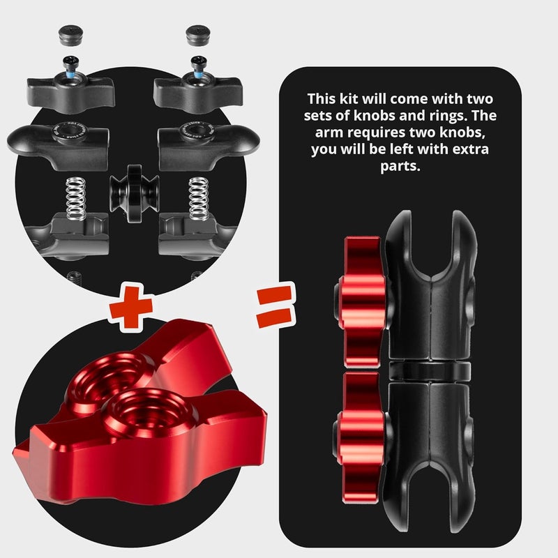 tackform 3.5" Long Metal 20mm Ball and Socket Arm DuraLock 20 Series | Dual 20mm Sockets with Optional Anti-Theft Knobs | Black with Red Billet Accent Kit - Image 1